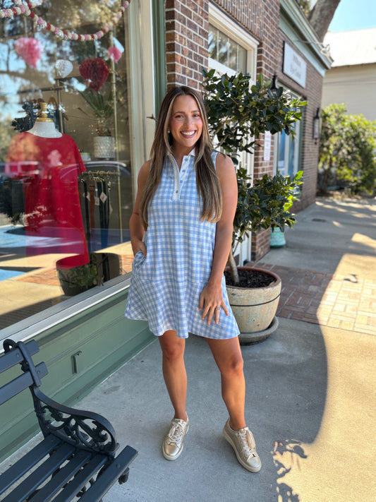 Gingham Knit Tennis Dress - Blue Gingham