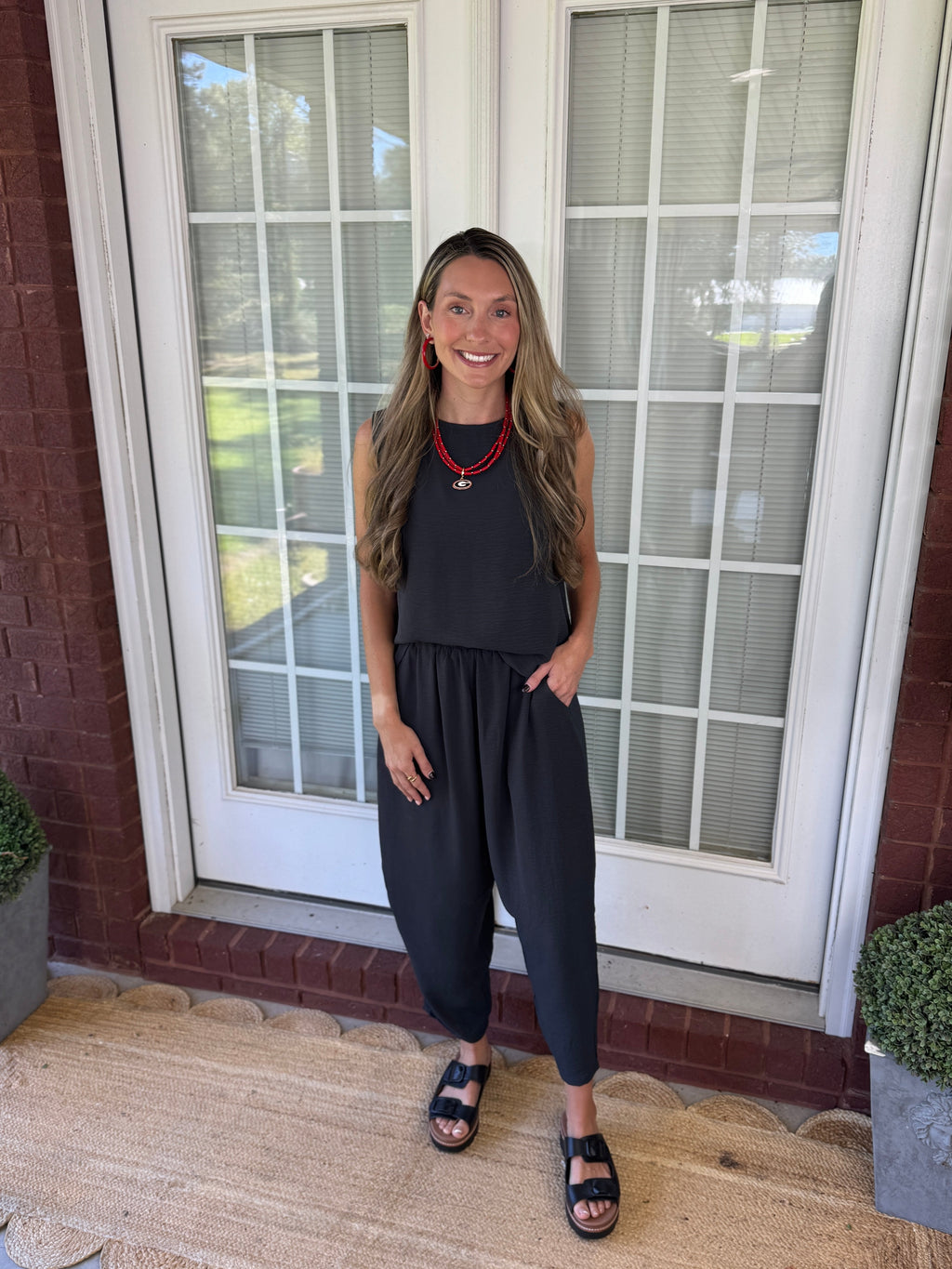 Textured Woven top & Relaxed Pants Set - Black
