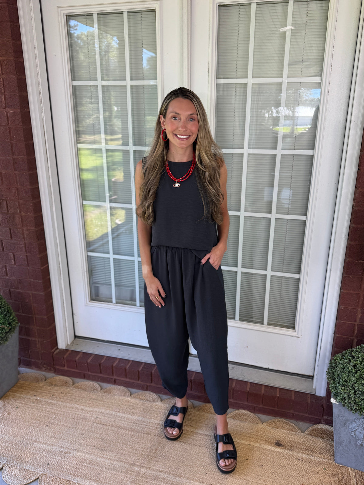 Textured Woven top & Relaxed Pants Set - Black