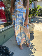 blue and pink floral palazzo pant styled with matching top 