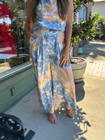blue and pink floral palazzo pant styled with matching top 