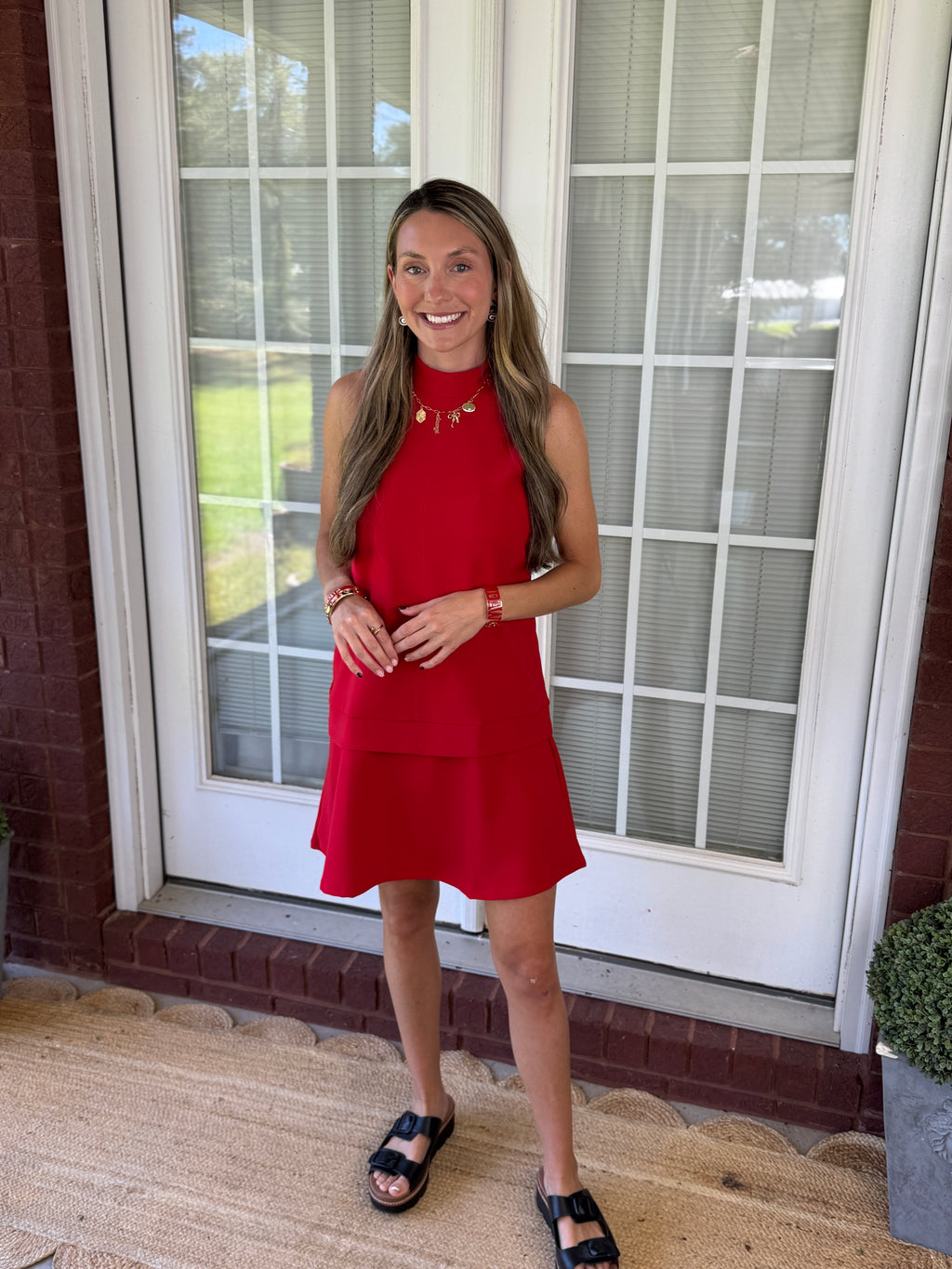 Sleeveless Mock Neck Layered Hem Shift Dress- Red