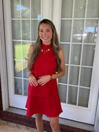 Sleeveless Mock Neck Layered Hem Shift Dress- Red