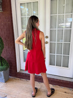 Sleeveless Mock Neck Layered Hem Shift Dress- Red