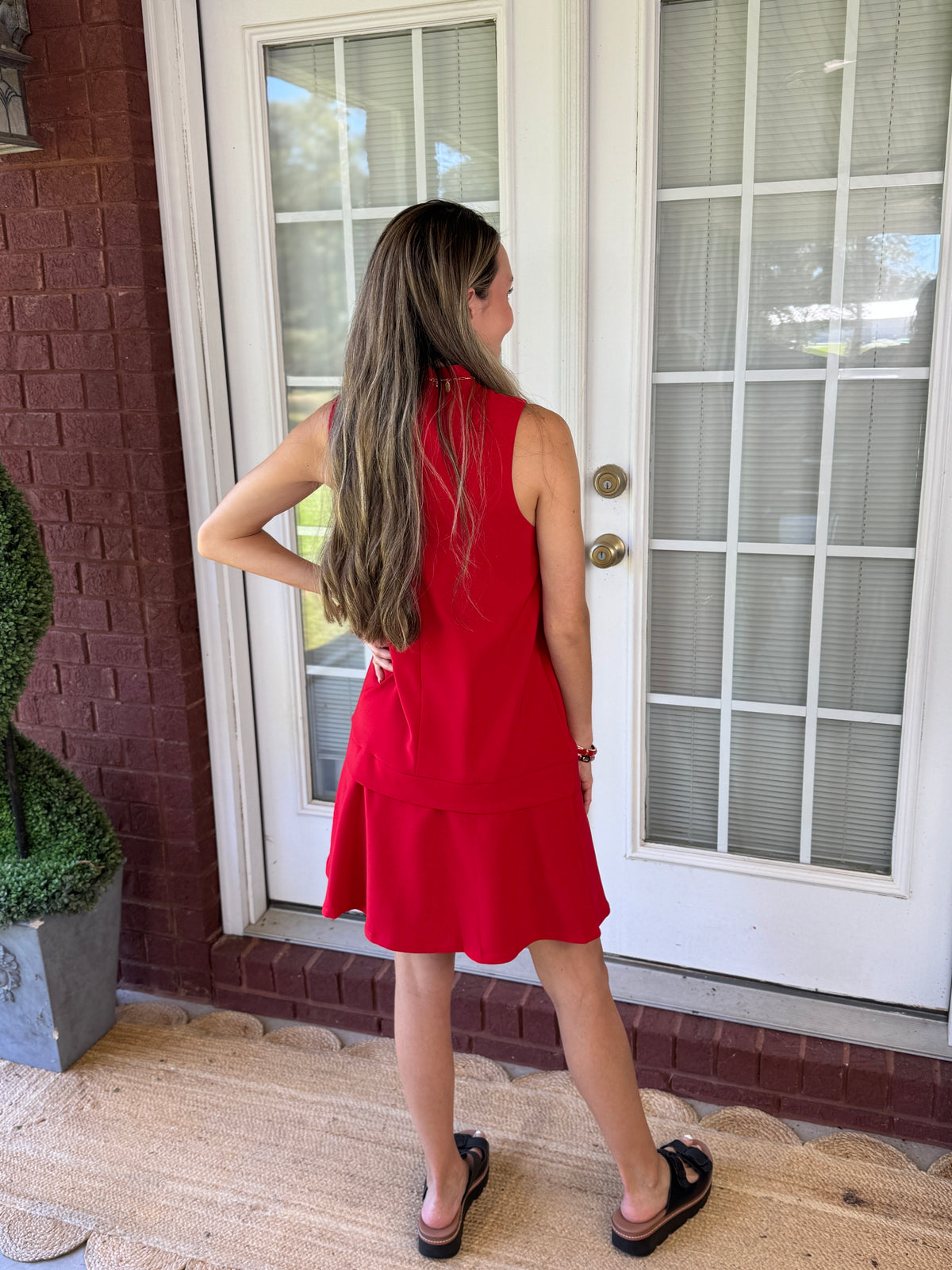Sleeveless Mock Neck Layered Hem Shift Dress- Red