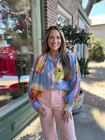floral periwinkle blue top with pink and white flowers