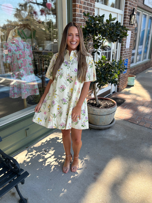 light yellow floral dress with collar kj clothier