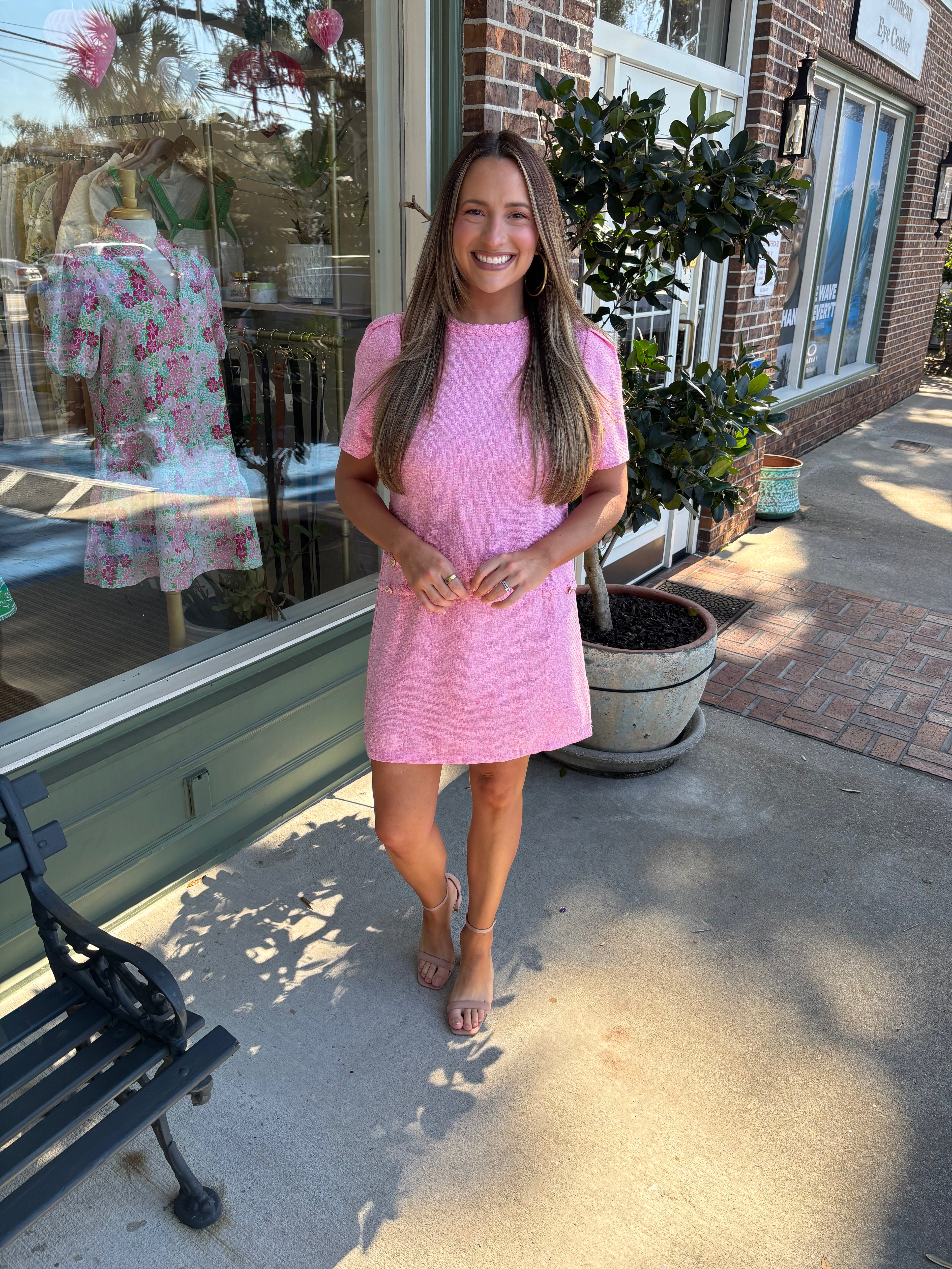 pink tweed dress with braided detail kj clothier