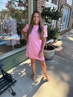 pink tweed dress with braided detail kj clothier