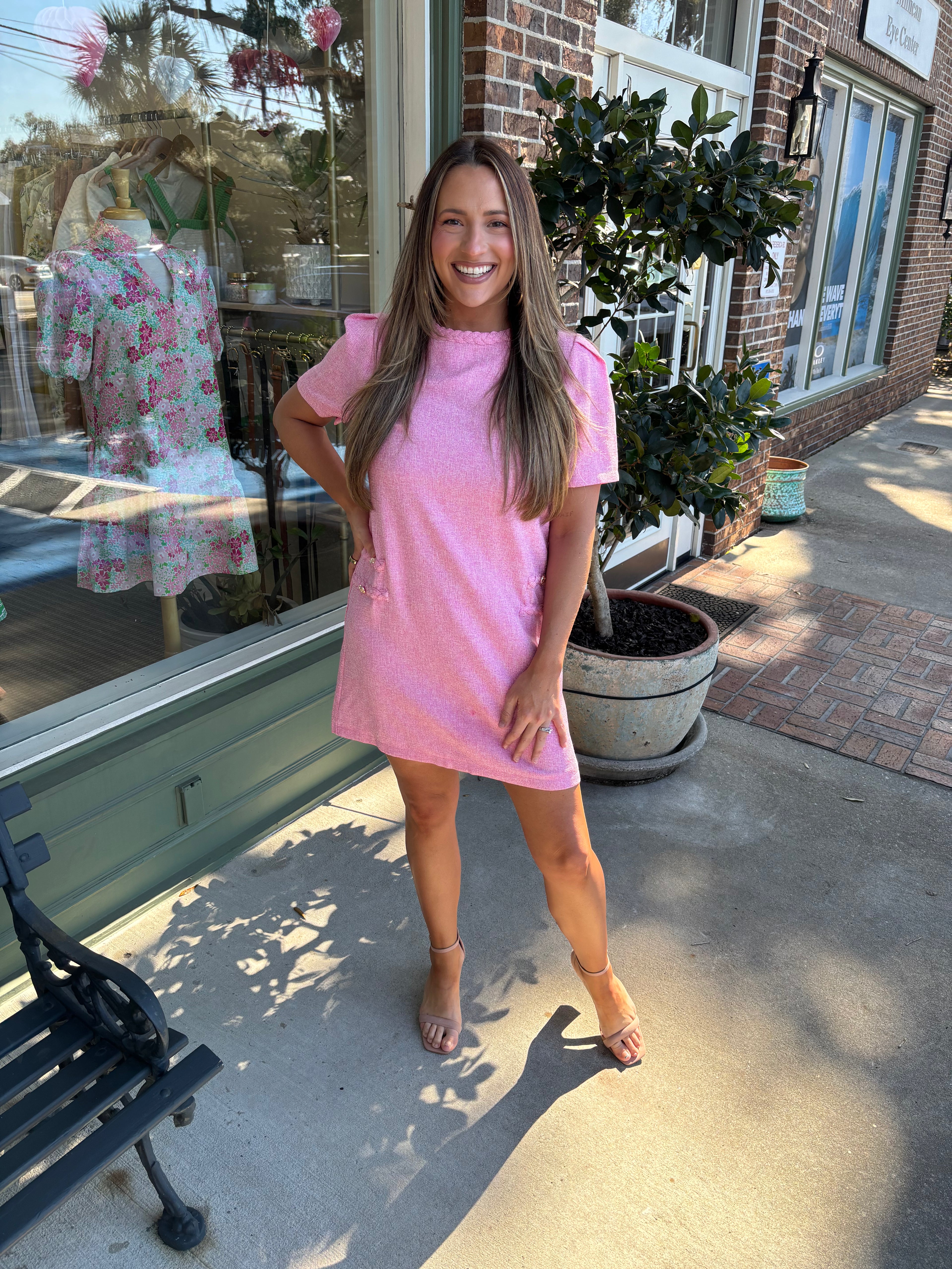 pink tweed dress with braided detail kj clothier