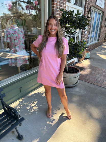 pink tweed dress with braided detail kj clothier