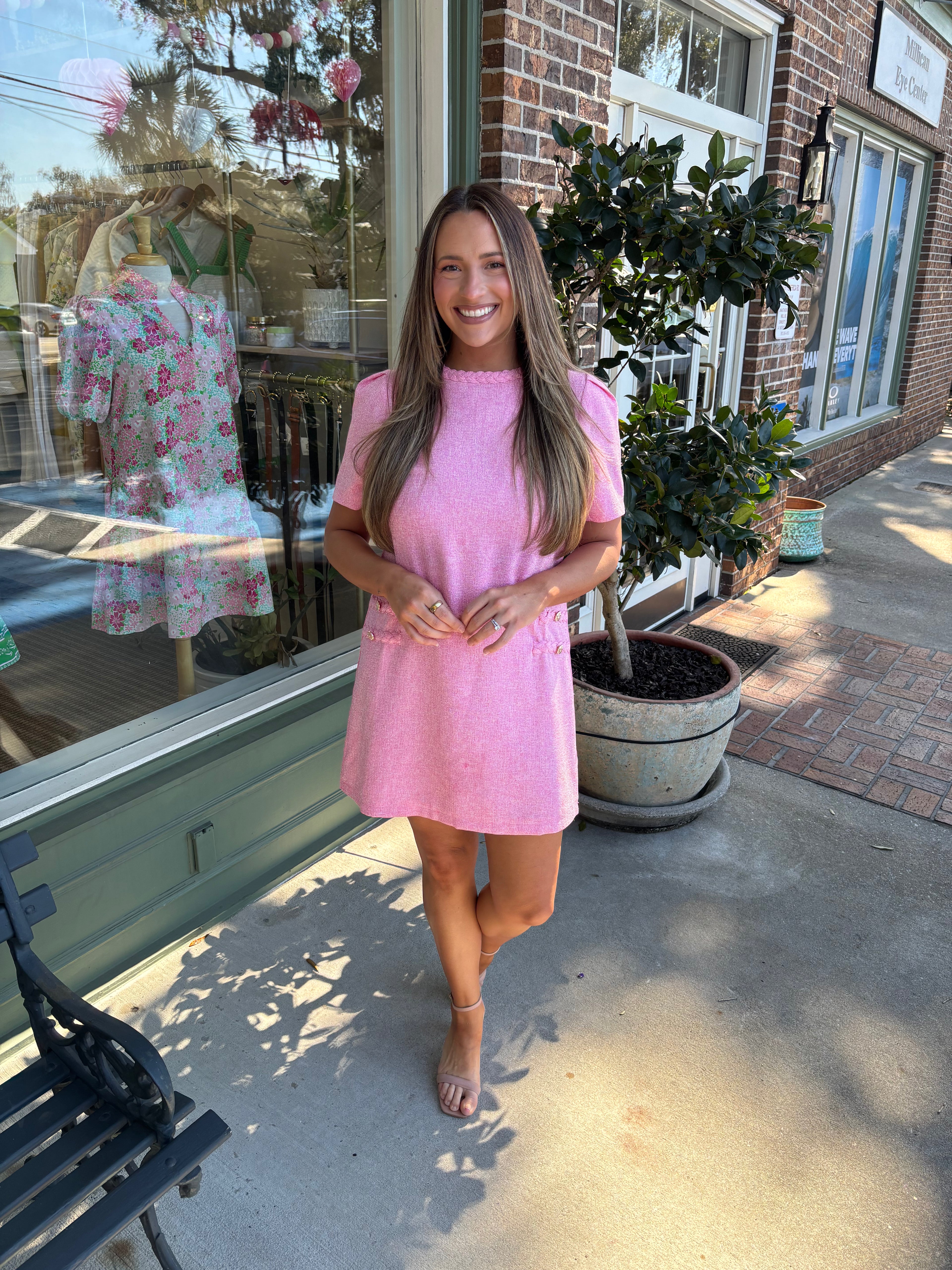 pink tweed dress with braided detail kj clothier