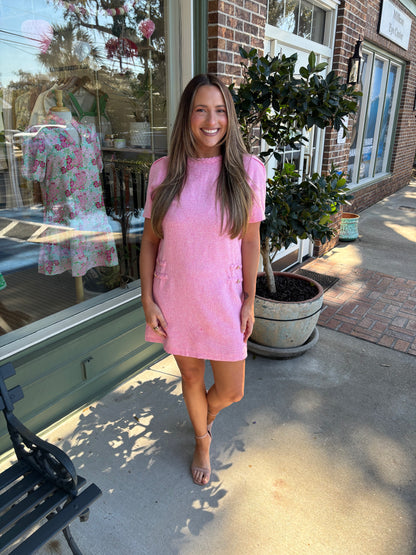 pink tweed dress with braided detail kj clothier