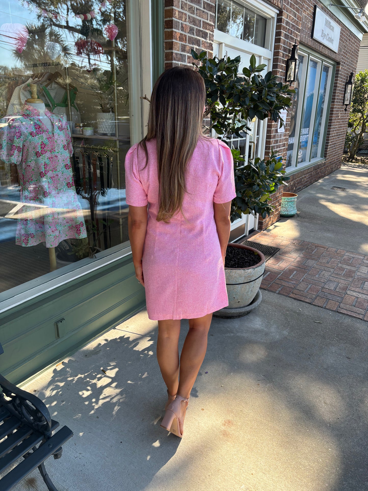 pink tweed dress with braided detail kj clothier