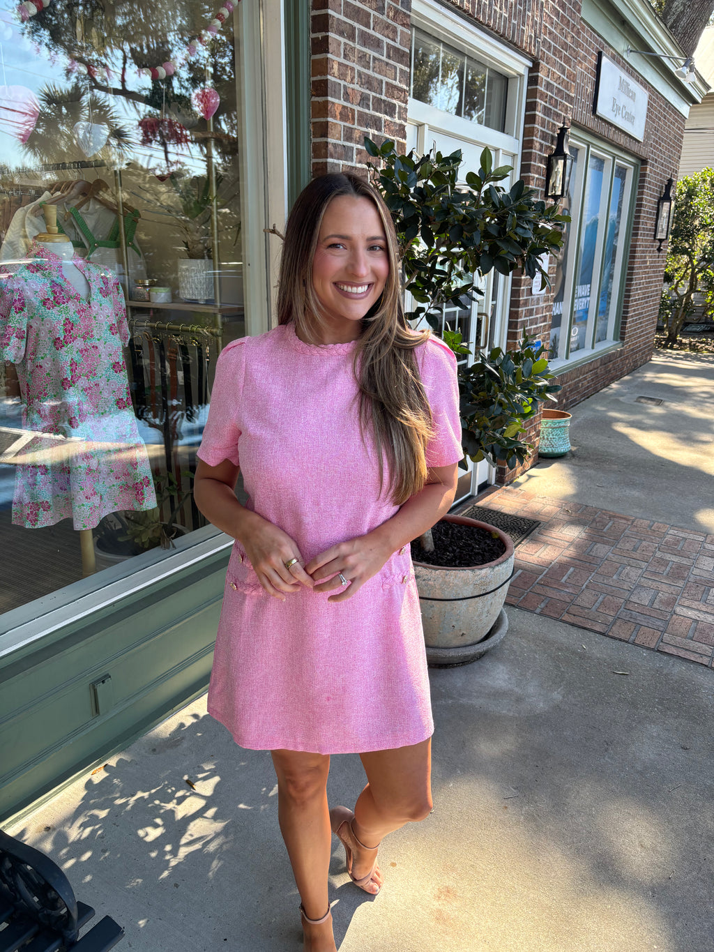 pink tweed dress with braided detail kj clothier