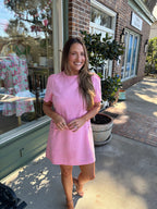 pink tweed dress with braided detail kj clothier