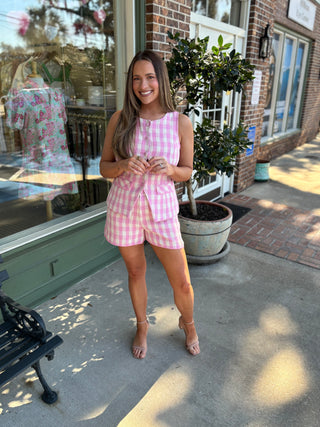 gingham pink set with scallop detail kj clothier