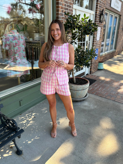 gingham pink set with scallop detail kj clothier