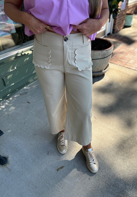 scallop pocket detail khaki cropped pants kj clothier