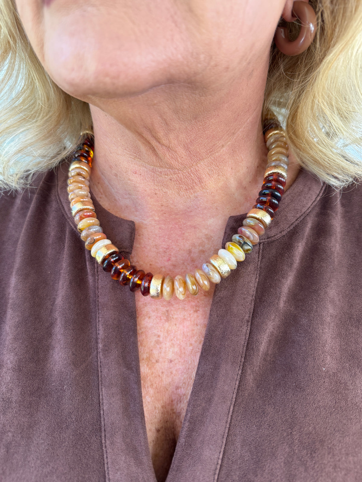 Color Wide Bead & CCB Stand Necklace - Brown Multi