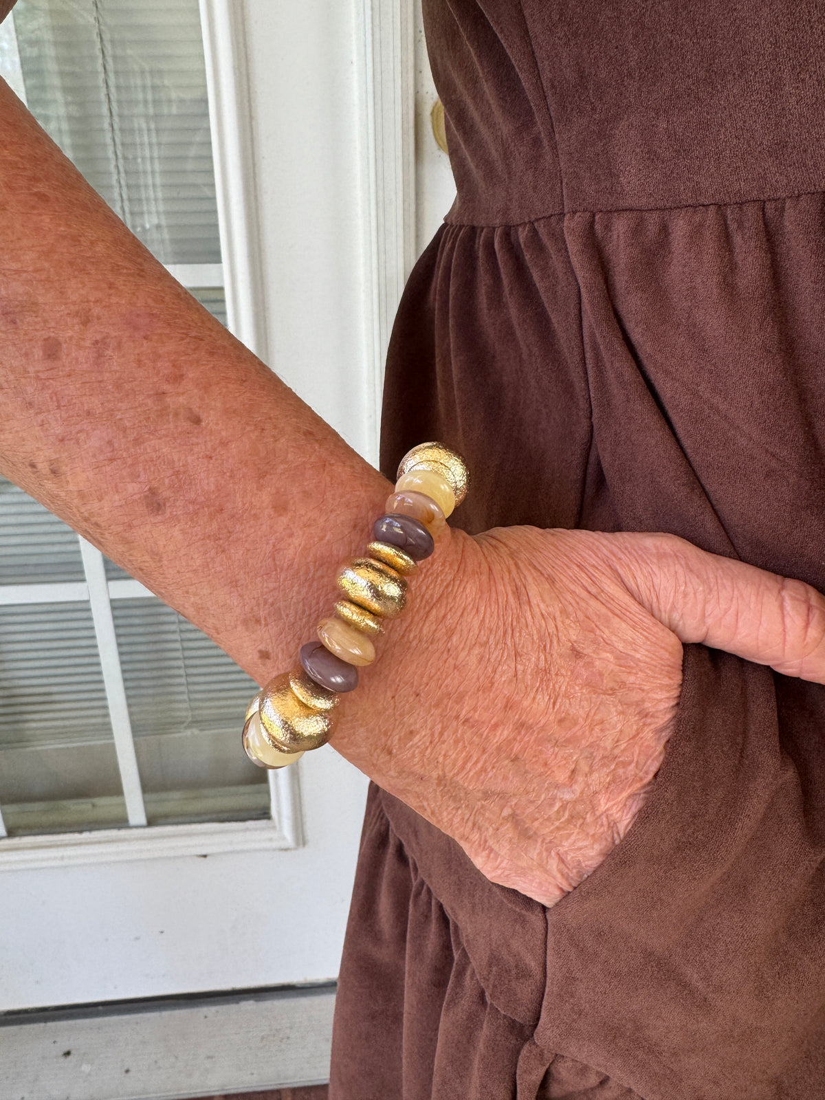 Rondelle Bead & Metal Bracelet - Taupe Multi