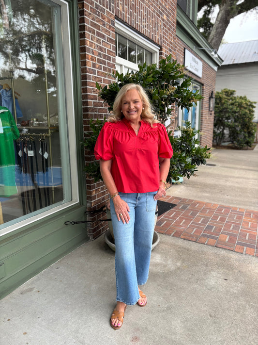 China Collar V-Neck Bubble Sleeve Poplin Top - Red