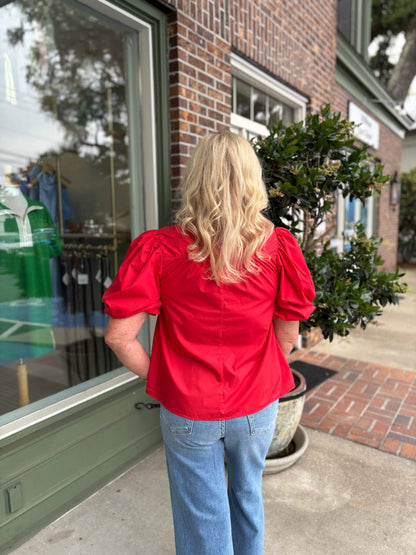 China Collar V-Neck Bubble Sleeve Poplin Top - Red
