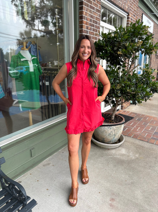 Ruffle Hem Sleeveless Poplin Mini Shirt Dress - Red