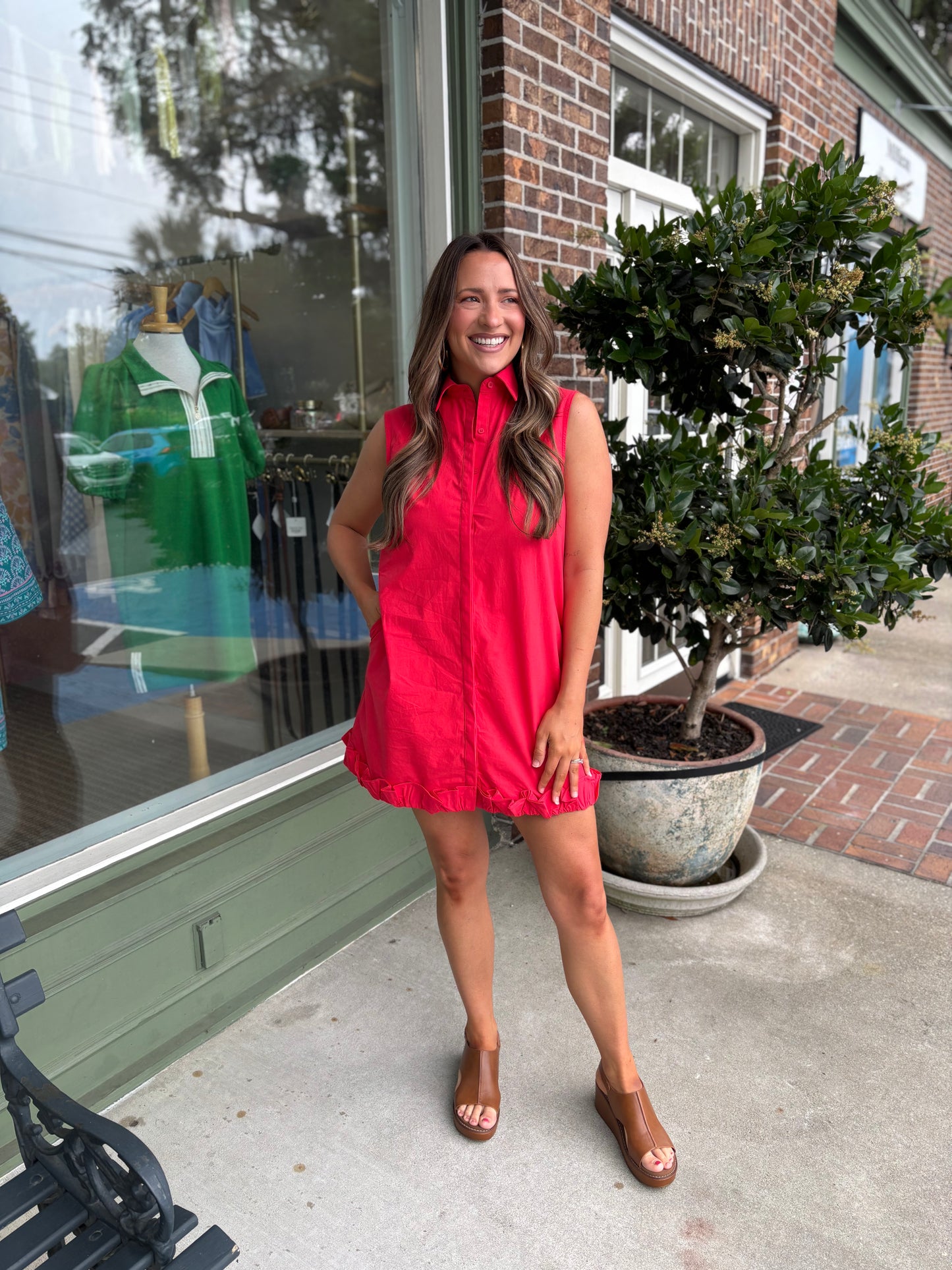 Ruffle Hem Sleeveless Poplin Mini Shirt Dress - Red