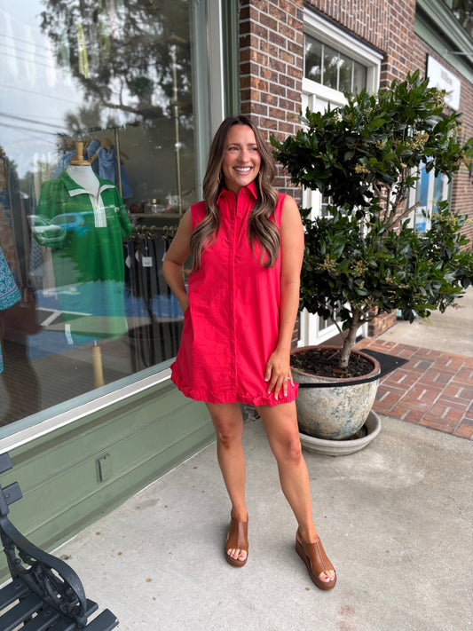 Ruffle Hem Sleeveless Poplin Mini Shirt Dress - Red
