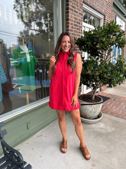 Ruffle Hem Sleeveless Poplin Mini Shirt Dress - Red