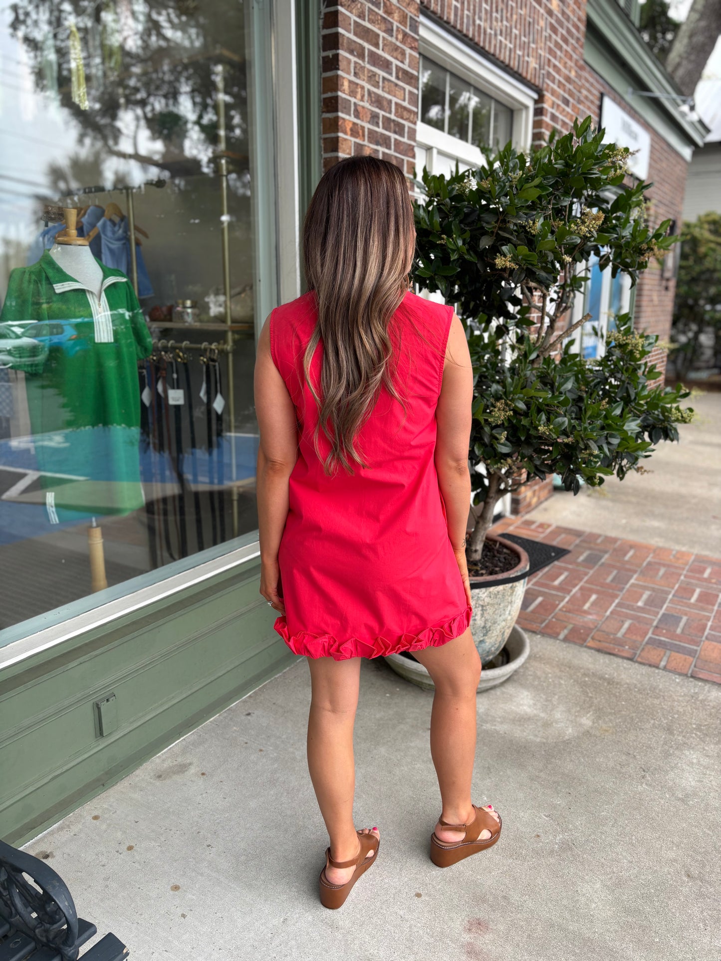 Ruffle Hem Sleeveless Poplin Mini Shirt Dress - Red