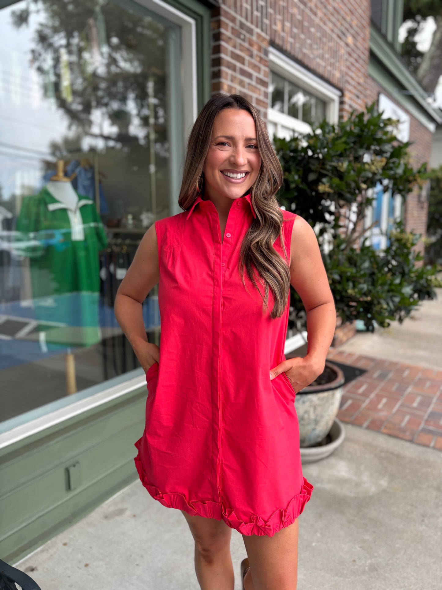 Ruffle Hem Sleeveless Poplin Mini Shirt Dress - Red