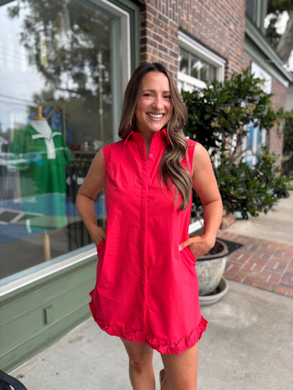 Ruffle Hem Sleeveless Poplin Mini Shirt Dress - Red