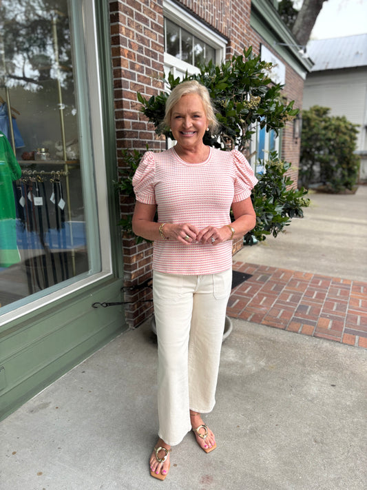 Round Neck Puff Sleeve Stripe Top - Pink
