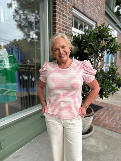Round Neck Puff Sleeve Stripe Top - Pink
