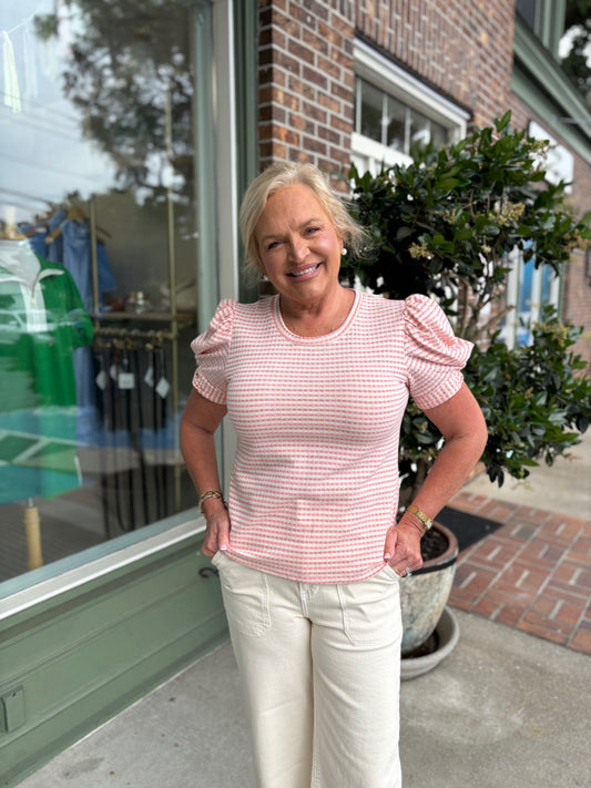 Round Neck Puff Sleeve Stripe Top - Pink