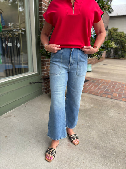 Cargo Pocket Wide Leg Denim - Medium Wash