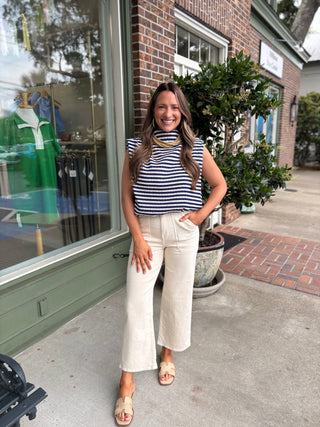 Mock Neck Sleeveless Bubble Top - Navy Stripe