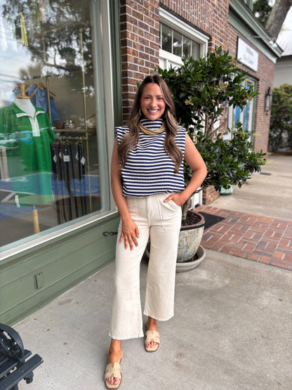 Mock Neck Sleeveless Bubble Top - Navy Stripe