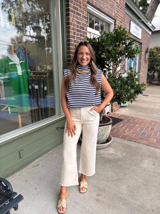Mock Neck Sleeveless Bubble Top - Navy Stripe