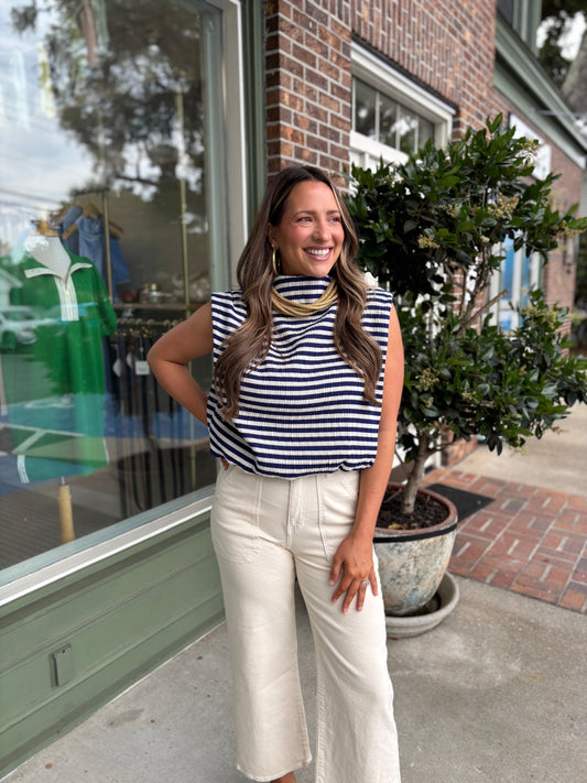Mock Neck Sleeveless Bubble Top - Navy Stripe