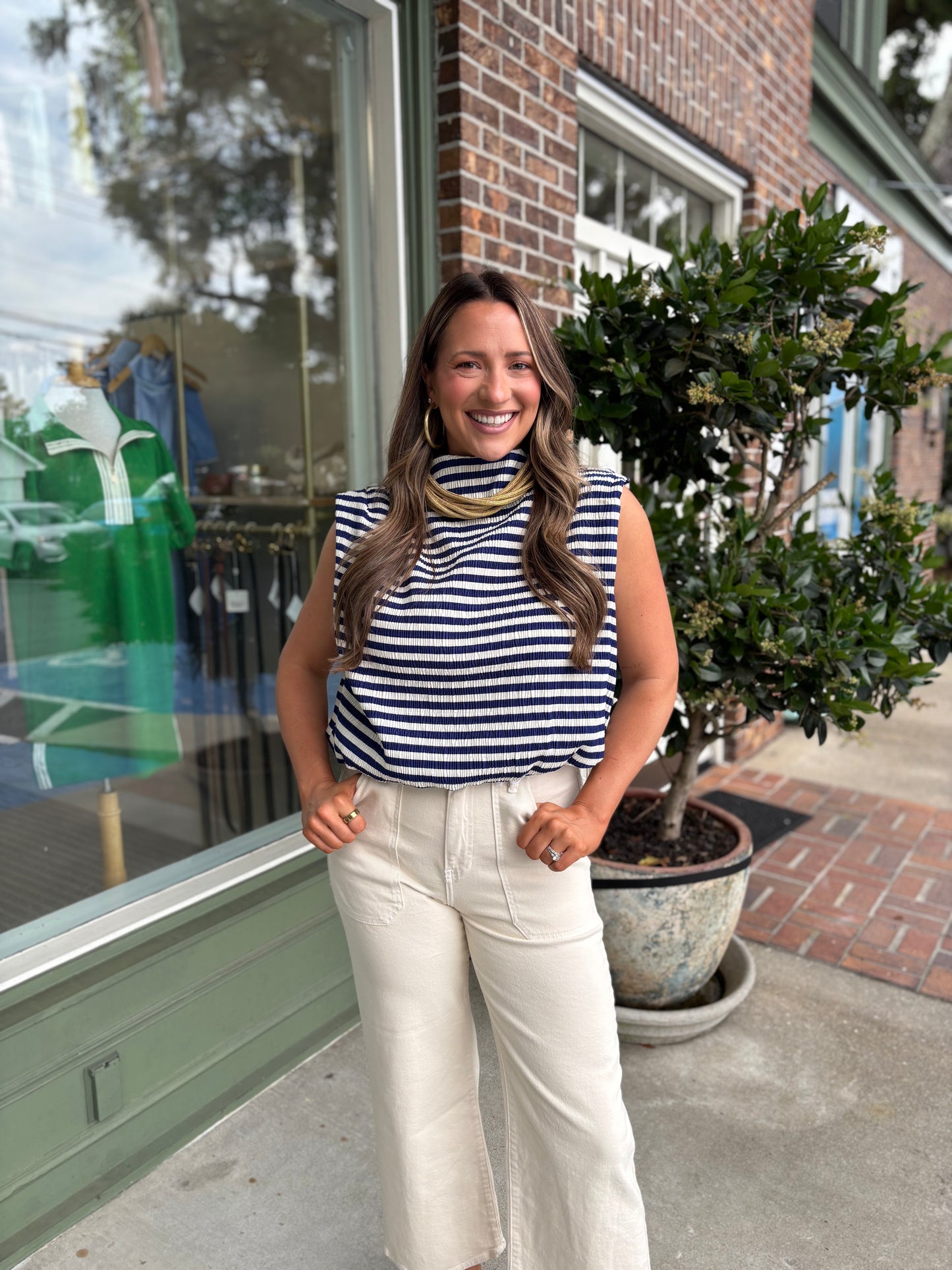 Mock Neck Sleeveless Bubble Top - Navy Stripe