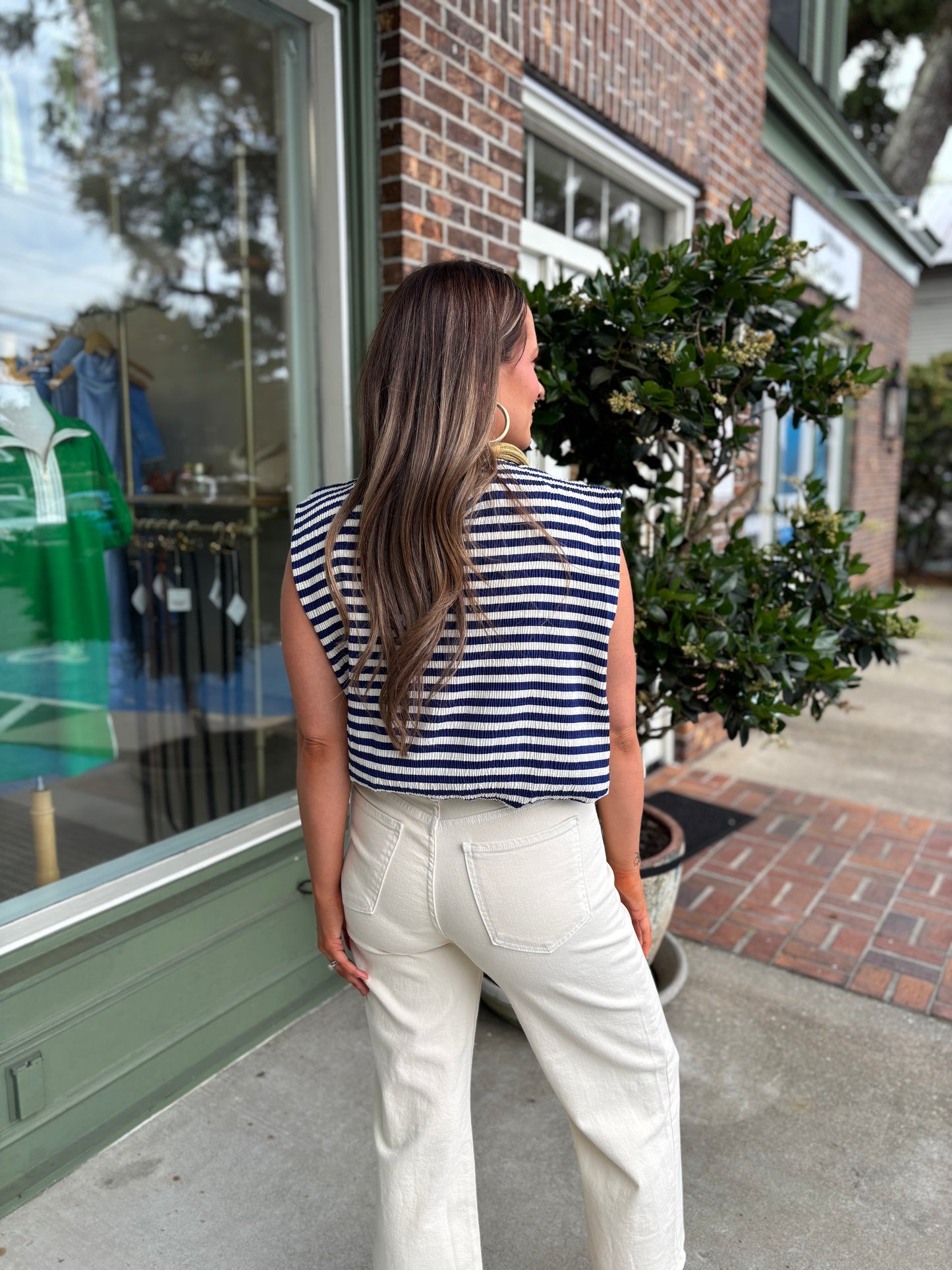 Mock Neck Sleeveless Bubble Top - Navy Stripe