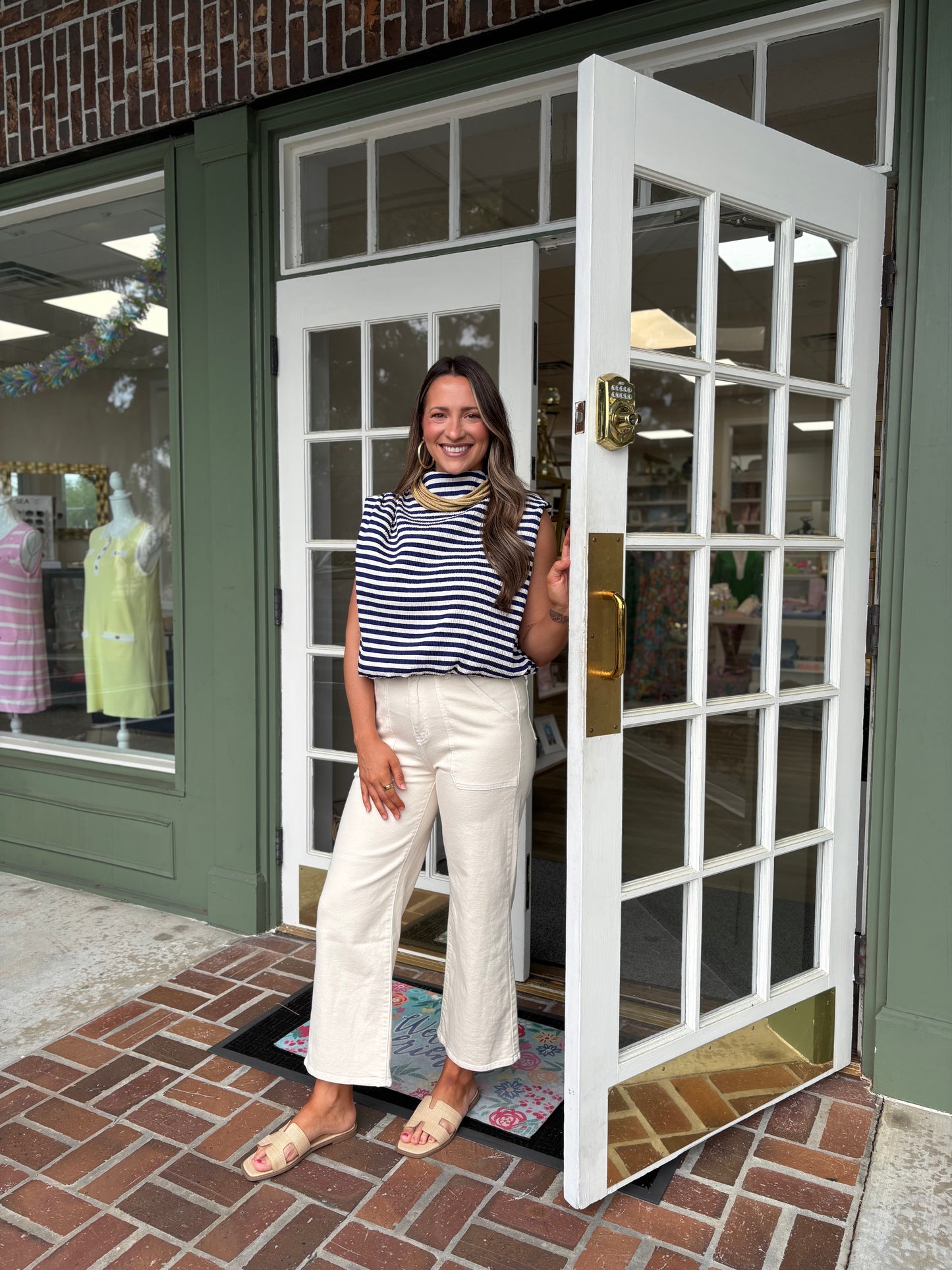Mock Neck Sleeveless Bubble Top - Navy Stripe