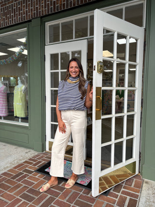 Mock Neck Sleeveless Bubble Top - Navy Stripe