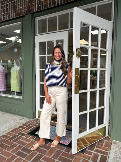 Mock Neck Sleeveless Bubble Top - Navy Stripe
