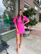 Round Neck Balloon Sleeve Mini Dress - Hot Pink