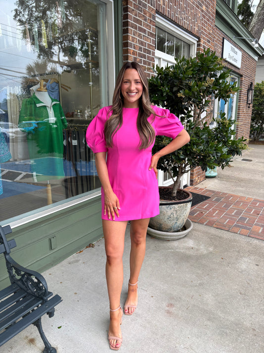 Round Neck Balloon Sleeve Mini Dress - Hot Pink