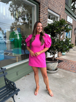Hot Pink Balloon Sleeve Mini Dress Round Neck